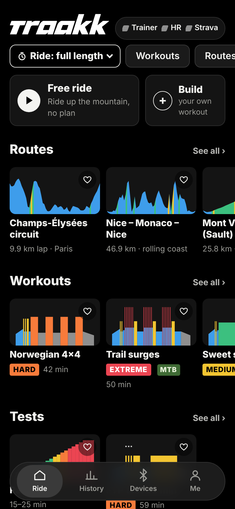 The TRAAKK home screen with routes and workouts